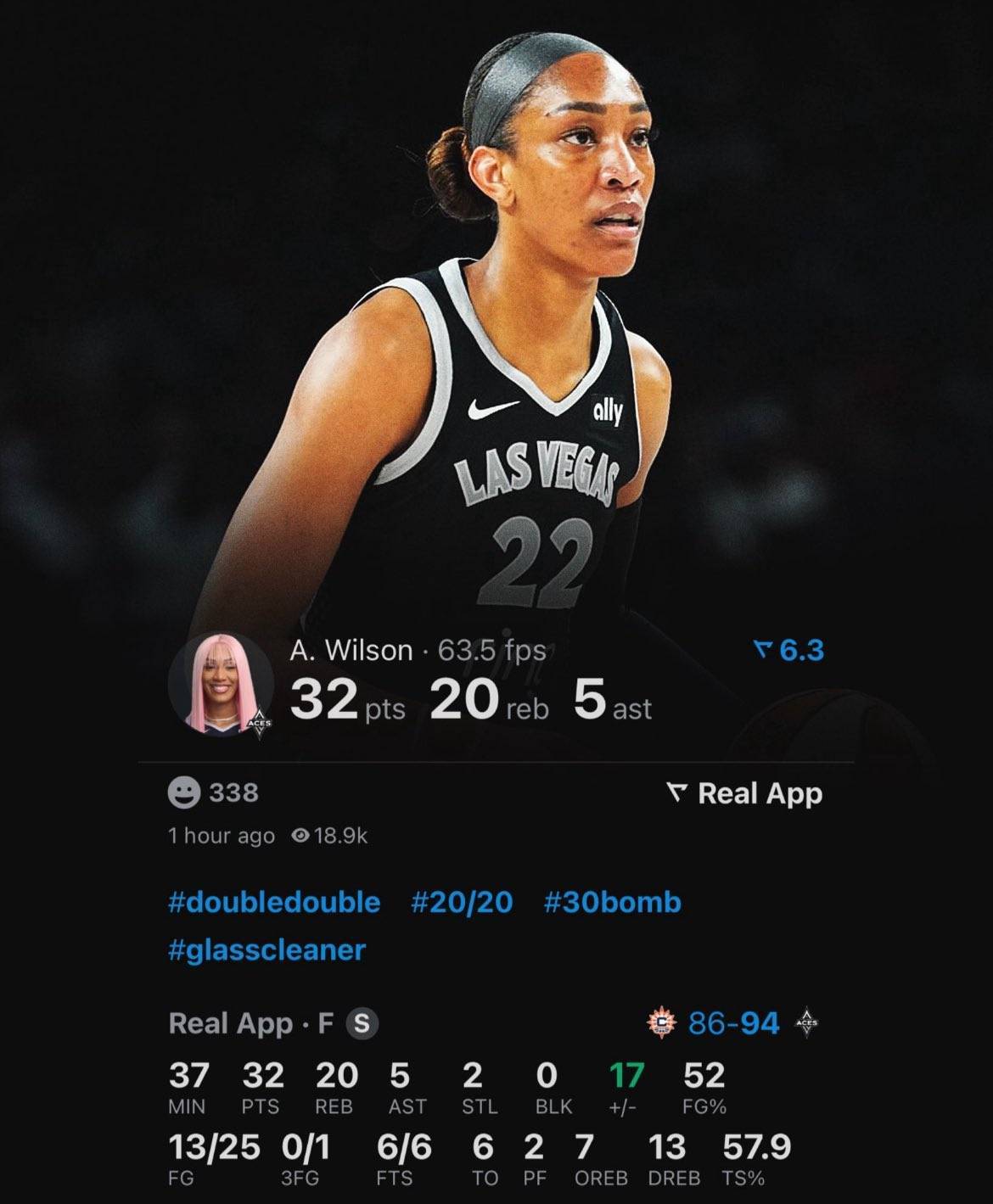 恐怖如斯!阿贾-威尔逊爆砍32+20+5 WNBA历史首人